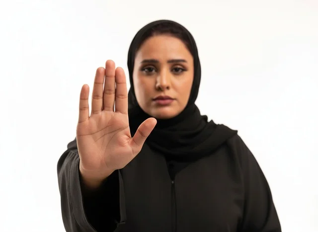 Saudi Woman in Abaya Making Stop Gesture