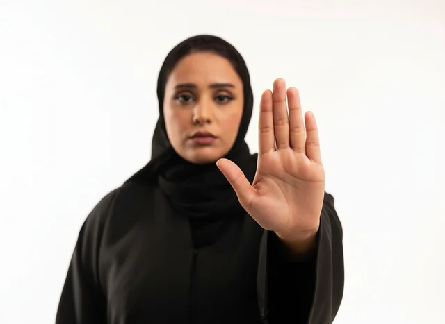 امرأة سعودية بالعباءة السوداء تقوم بإشارة التوقف