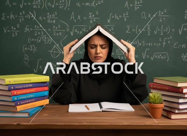 طالبة عربية تشعر بالتوتر مع الكتب والسبورة