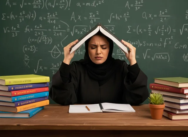 Stressed Arab Student with Books and Math Blackboard