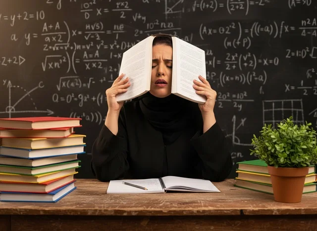 Stressed Saudi Woman Studying at Blackboard Desk
