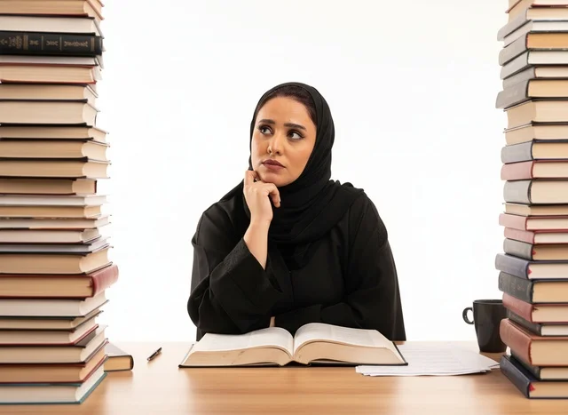 Saudi Woman in Abaya Studying with Stacks of Books