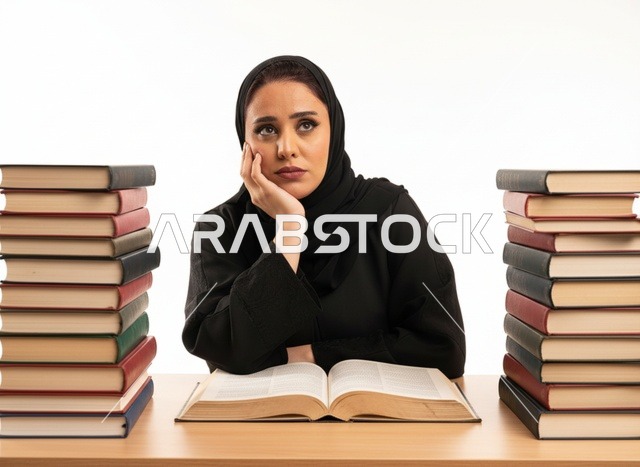 Middle Eastern Student Wearing Hijab Studying with Books