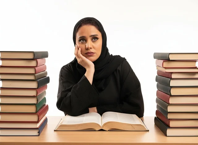 Middle Eastern Student Wearing Hijab Studying with Books