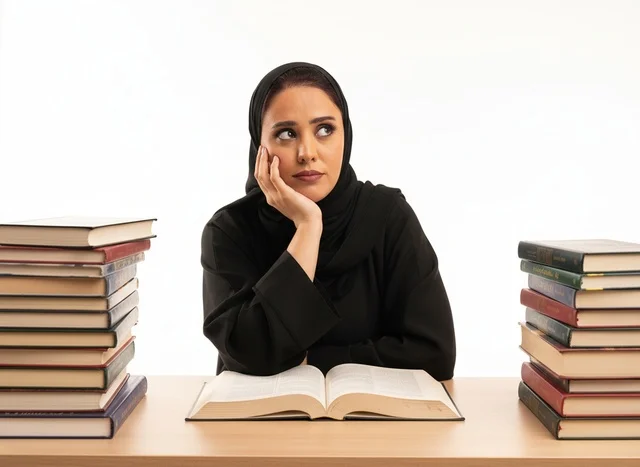 امرأة سعودية تدرس مع الكتب على خلفية بيضاء