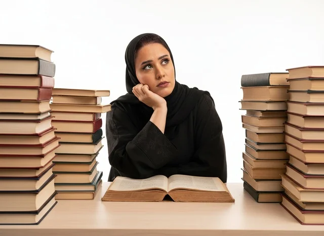 امرأة سعودية تدرس مع أكوام من الكتب