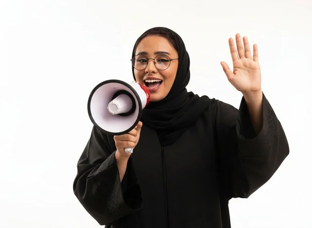 Saudi Woman in Abaya with Megaphone on White Background