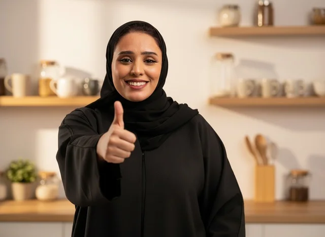 امرأة سعودية بالعباءة تشير بالإعجاب في المطبخ امرأة سعودية بالعباءة تشير بالإعجاب في المطبخ