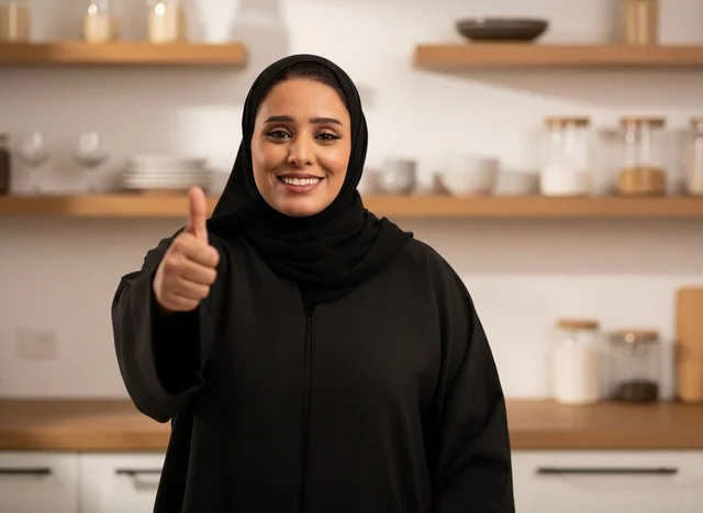 Emirati Woman in Abaya Giving Thumbs Up in Kitchen