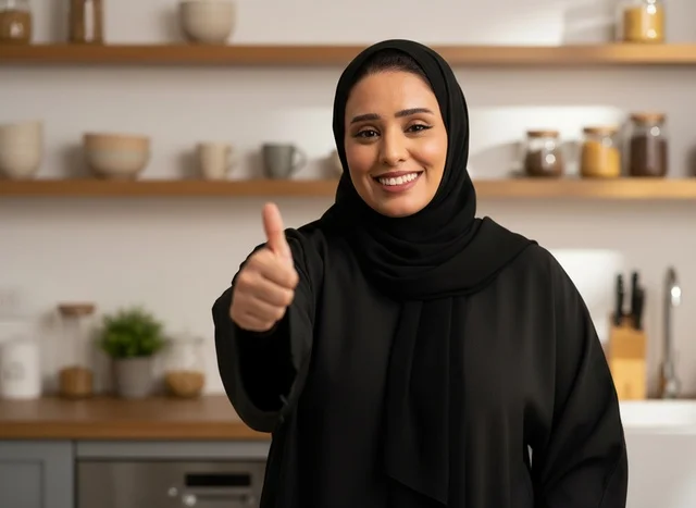 امرأة عربية مبتسمة بالعباءة تشير بالإبهام في المطبخ