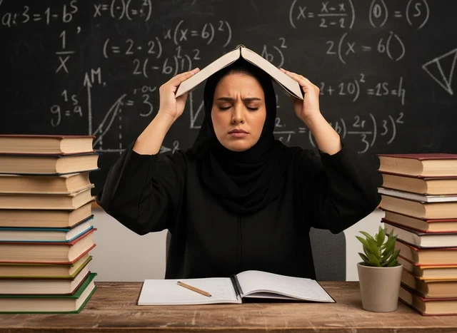 Stressed Arab Female Student in Abaya with Books