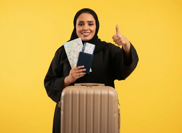 Saudi Woman Travel Thumbs Up Yellow Background