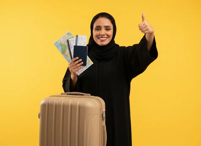 Saudi Woman with Travel Documents and Suitcase Saudi Woman with Travel Documents and Suitcase