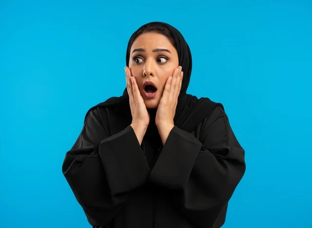 Shocked Arab Woman in Black Abaya on Blue Background