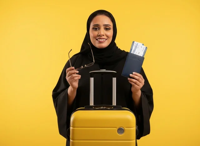 Saudi Woman with Suitcase and Passport on Yellow Background
