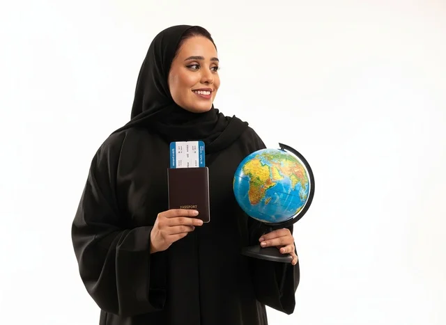 امرأة سعودية تحمل جواز سفر ومجسم الكرة الأرضية للسفر