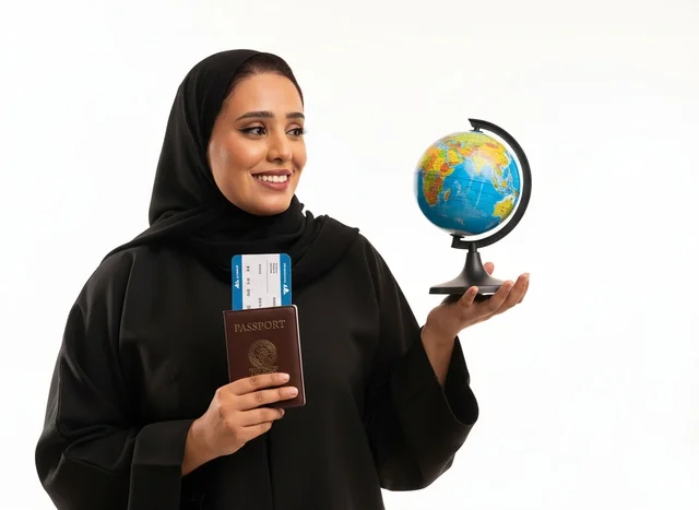 امرأة سعودية تحمل جواز سفر وكرة أرضية للسفر