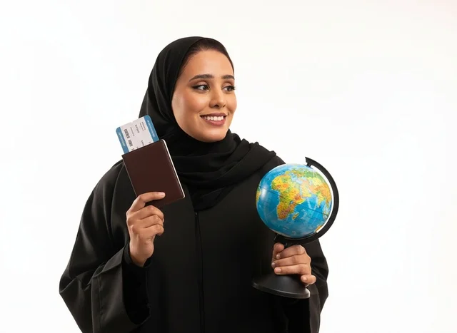 امرأة سعودية تحمل جواز سفر ومجسم الكرة الأرضية