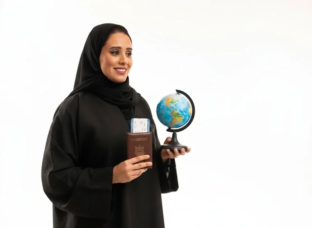 Emirati Woman with Passport and Globe on White Background
