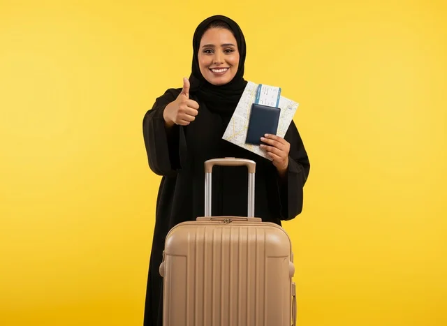 امرأة سعودية مسافرة مع جواز سفر وحقيبة