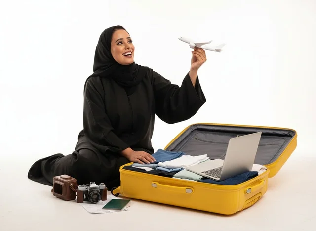 امرأة سعودية تجهز حقيبة السفر الصفراء للرحلة