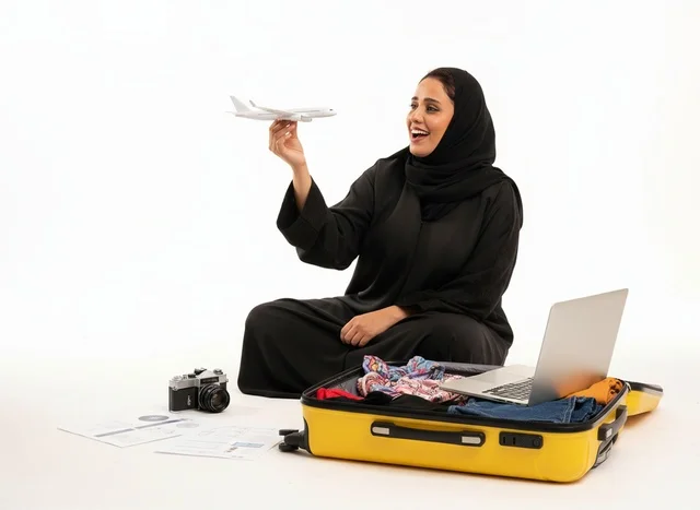 امرأة سعودية تحزم حقيبة السفر للسياحة خلفية بيضاء
