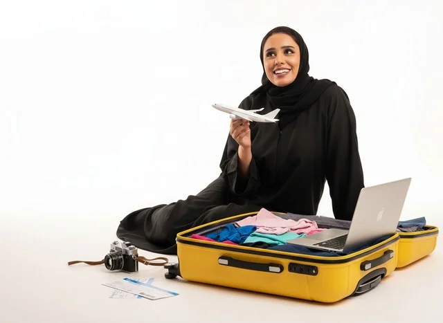 Saudi Woman Packing Suitcase with Model Airplane
