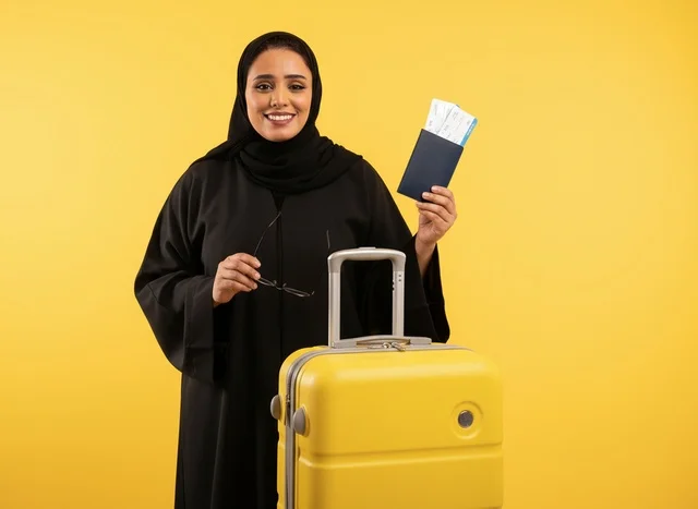 Saudi Woman Holding Passport with Yellow Suitcase