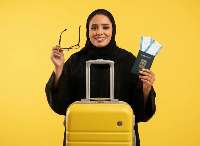 امرأة عربية تحمل جواز سفر وحقيبة سفر صفراء للسياحة