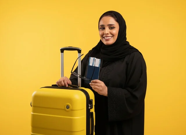 Arab Woman in Abaya with Yellow Suitcase and Passport