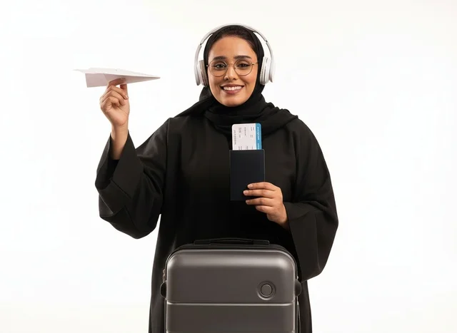 Saudi Woman with Suitcase and Passport for Travel