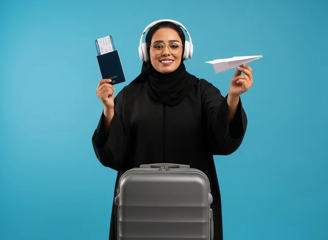 امرأة سعودية مسافرة مع حقيبة وجواز سفر