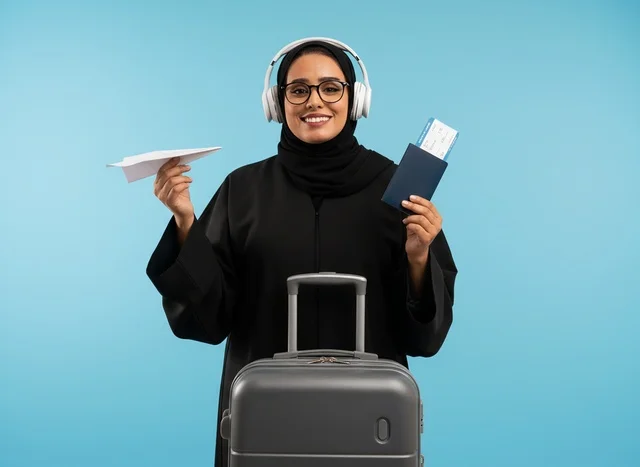 امرأة إماراتية بالعباءة مع حقيبة سفر وجواز سفر