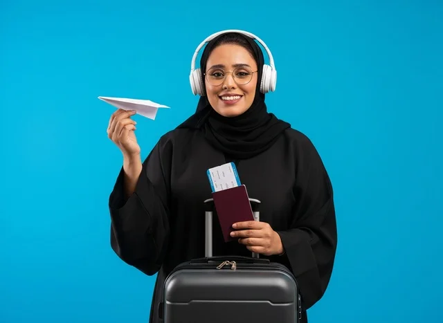 Saudi Woman with Luggage and Passport for Travel