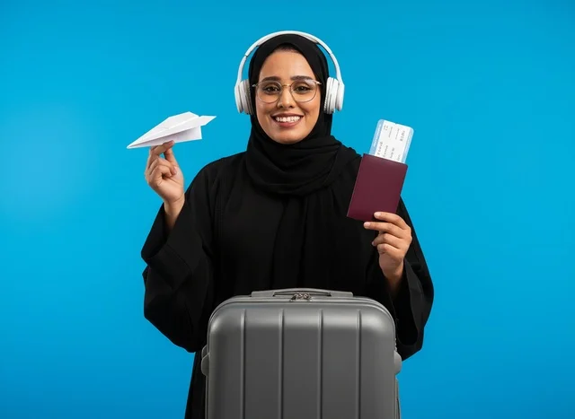 Saudi Woman Holding Passport and Suitcase for Travel