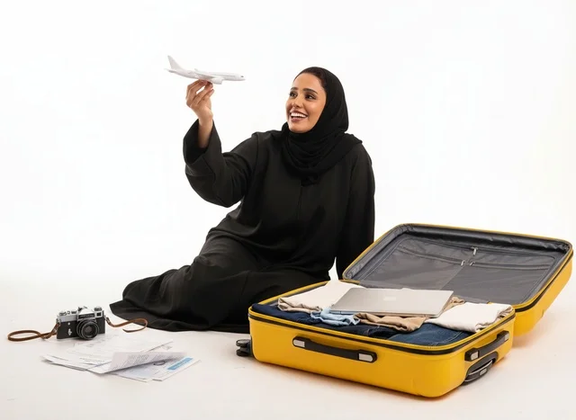 Saudi Woman Packing Yellow Suitcase with Airplane Model