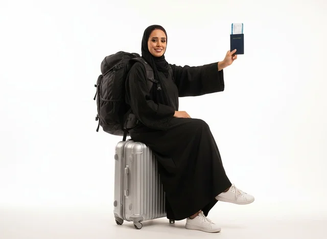 Saudi Woman with Suitcase and Passport on White Background
