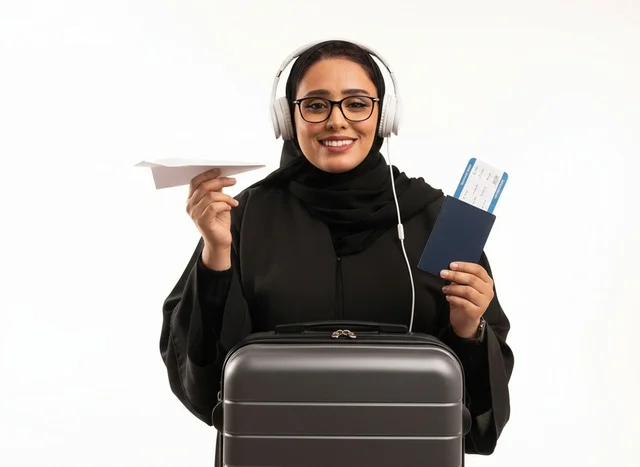 Saudi Woman with Passport and Suitcase for Travel
