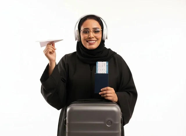 Saudi Woman Traveler with Suitcase Passport and Airplane
