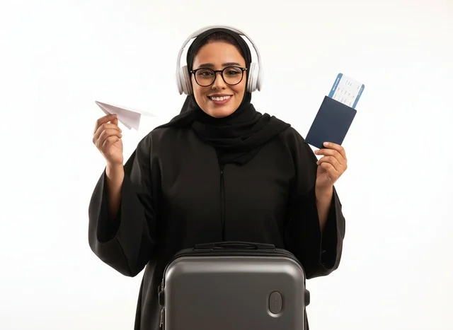 امرأة سعودية تحمل جواز سفر وحقيبة سفر للاستعداد للرحلة