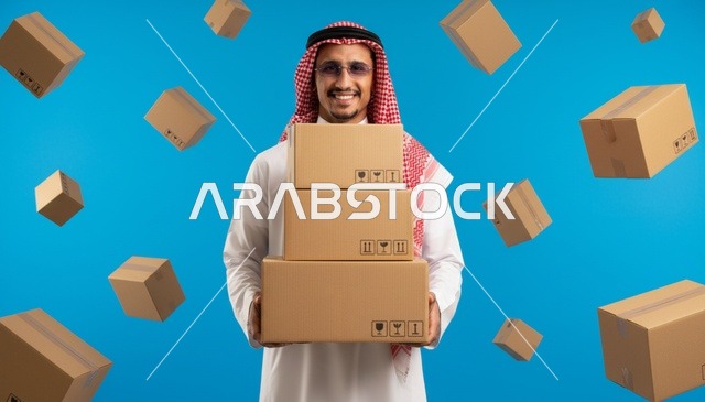 رجل سعودي يحمل صناديق شحن على خلفية زرقاء