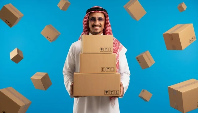 رجل سعودي يحمل صناديق شحن على خلفية زرقاء