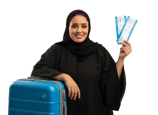 امرأة إماراتية مع حقيبة سفر وتذاكر طيران