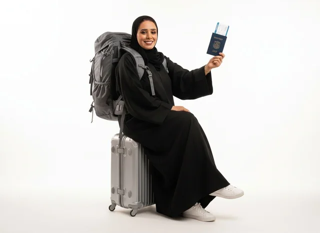 Arab Woman Sitting on Suitcase Holding Passport and Ticket