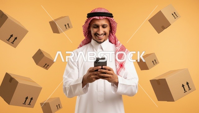 رجل سعودي يستخدم الجوال مع صناديق الشحن