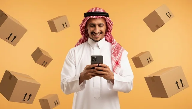 رجل سعودي يستخدم الجوال مع صناديق الشحن