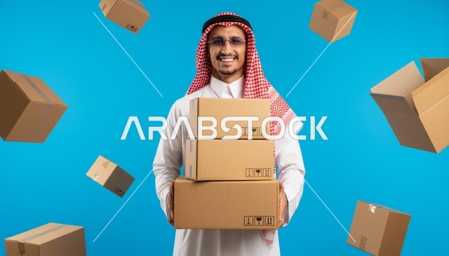 رجل سعودي يمسك صناديق شحن بخلفية زرقاء