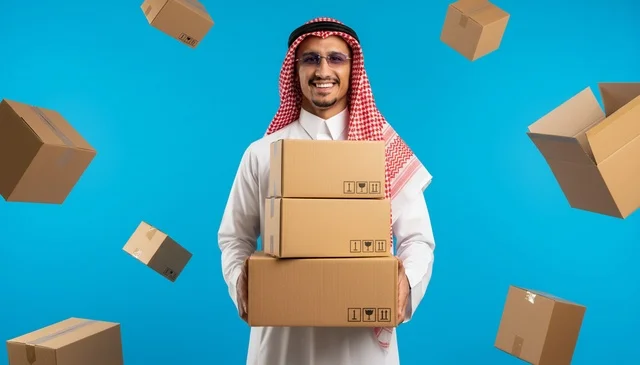 رجل سعودي يمسك صناديق شحن بخلفية زرقاء