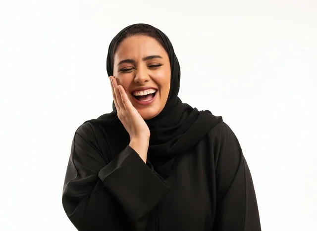 Laughing Saudi Woman in Black Abaya on White Background