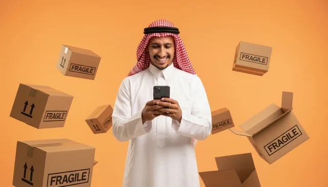 Saudi Man Online Shopping with Fragile Delivery Boxes